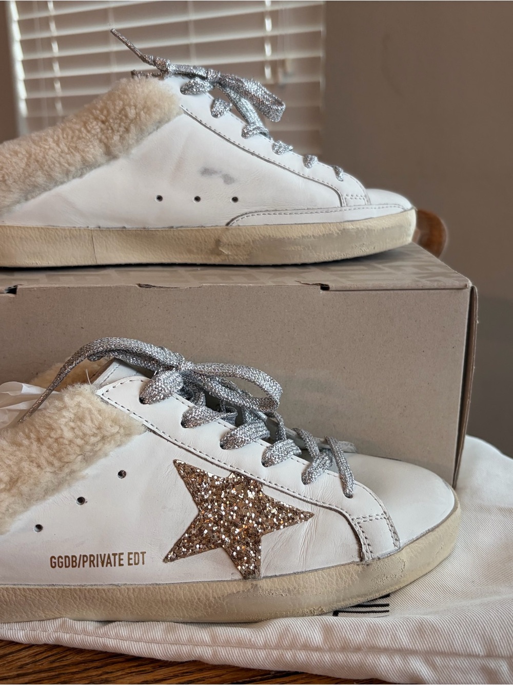 Golden Goose White Leather Sneakers with Gold Glitter Star and Silver Laces